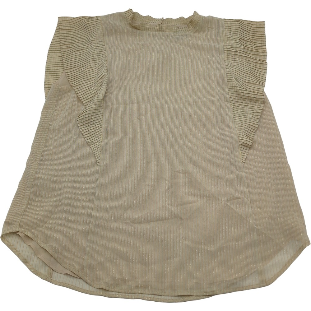 Ann Taylor Beige Gold Metallic Pinstripe Pleated Flutter Sleeve Blouse Small